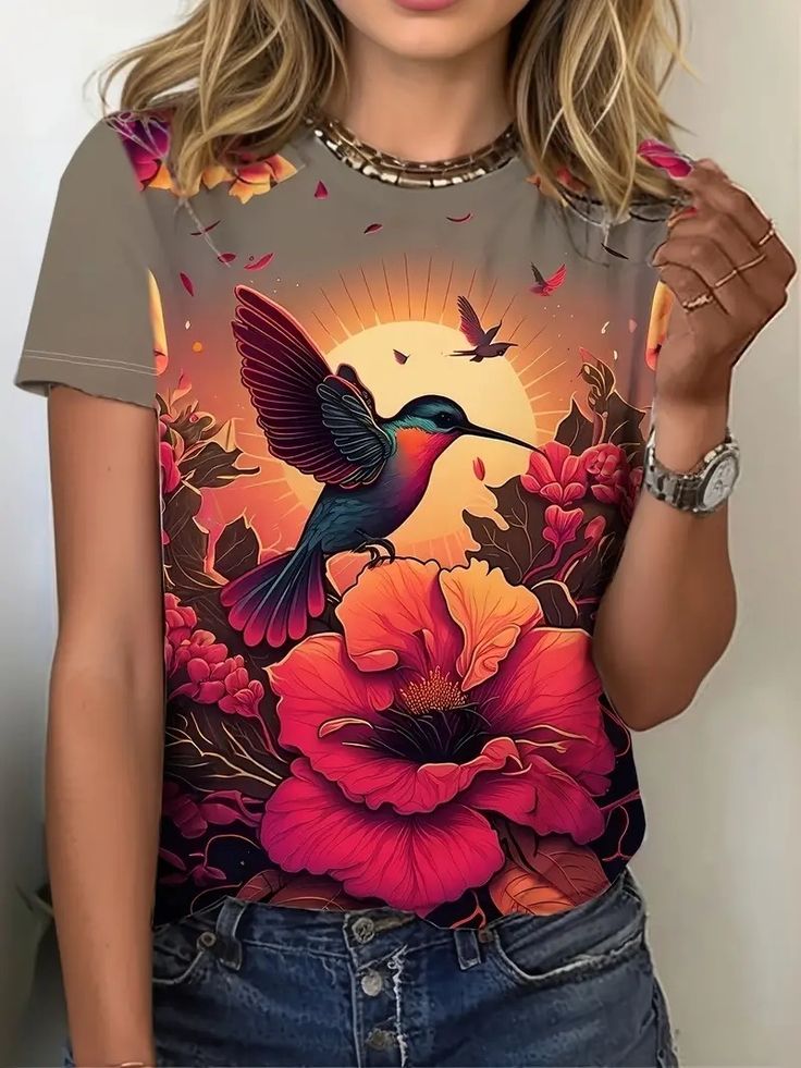 sublimation print flower and sparrow on t shirt